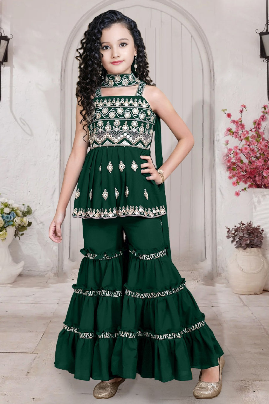 Green Crepe Silk Kids Wear Girls Kameez with Sharara & Dupatta Dress Suit for Kids for Wedding - Embroidery Work