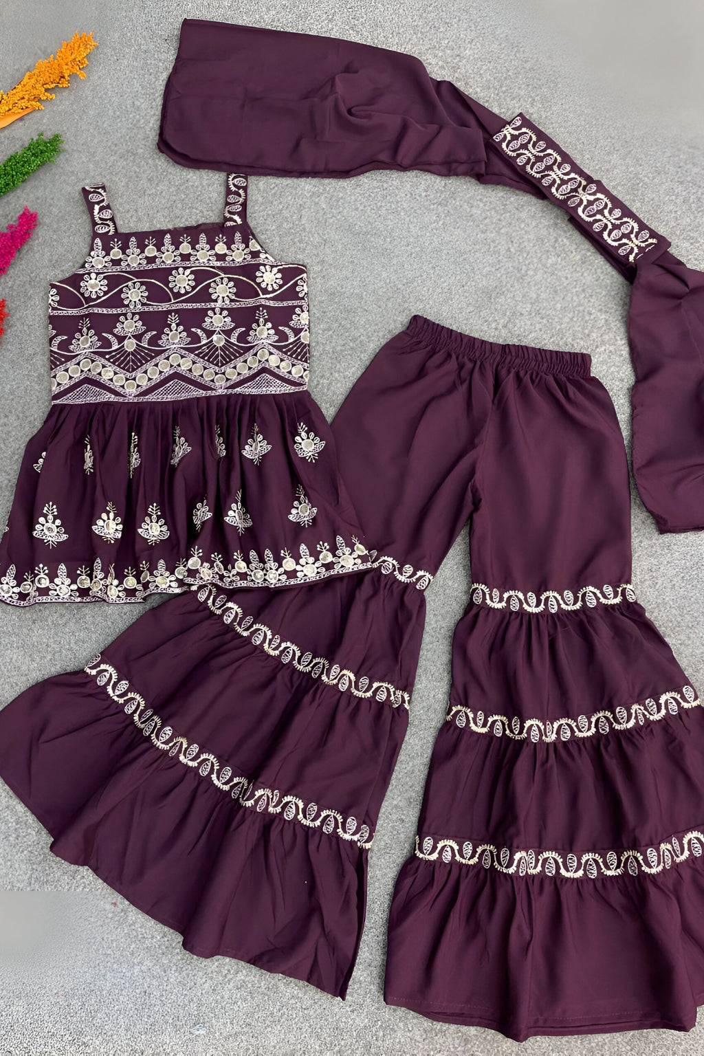 Purple Crepe Silk Kids Wear Girls Kameez with Sharara & Dupatta Dress Suit for Kids for Wedding - Embroidery Work