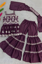 Purple Crepe Silk Kids Wear Girls Kameez with Sharara & Dupatta Dress Suit for Kids for Wedding - Embroidery Work