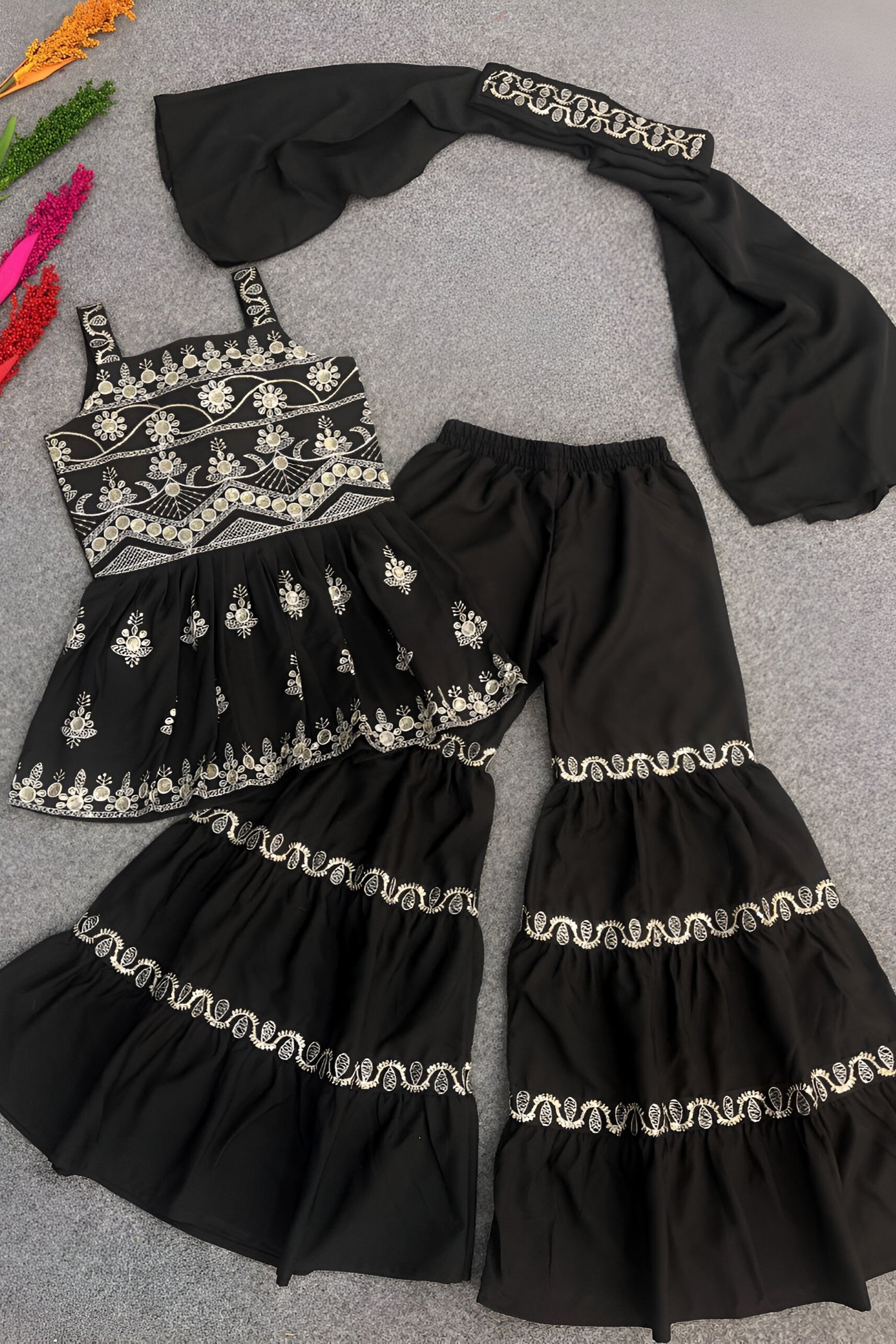 Black Crepe Silk Kids Wear Girls Kameez with Sharara & Dupatta Dress Suit for Kids for Wedding - Embroidery Work