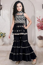 Black Crepe Silk Kids Wear Girls Kameez with Sharara & Dupatta Dress Suit for Kids for Wedding - Embroidery Work