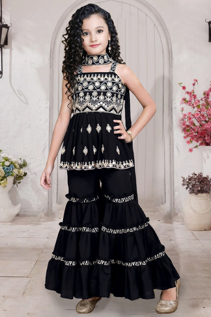Black Crepe Silk Kids Wear Girls Kameez with Sharara & Dupatta Dress Suit for Kids for Wedding - Embroidery Work