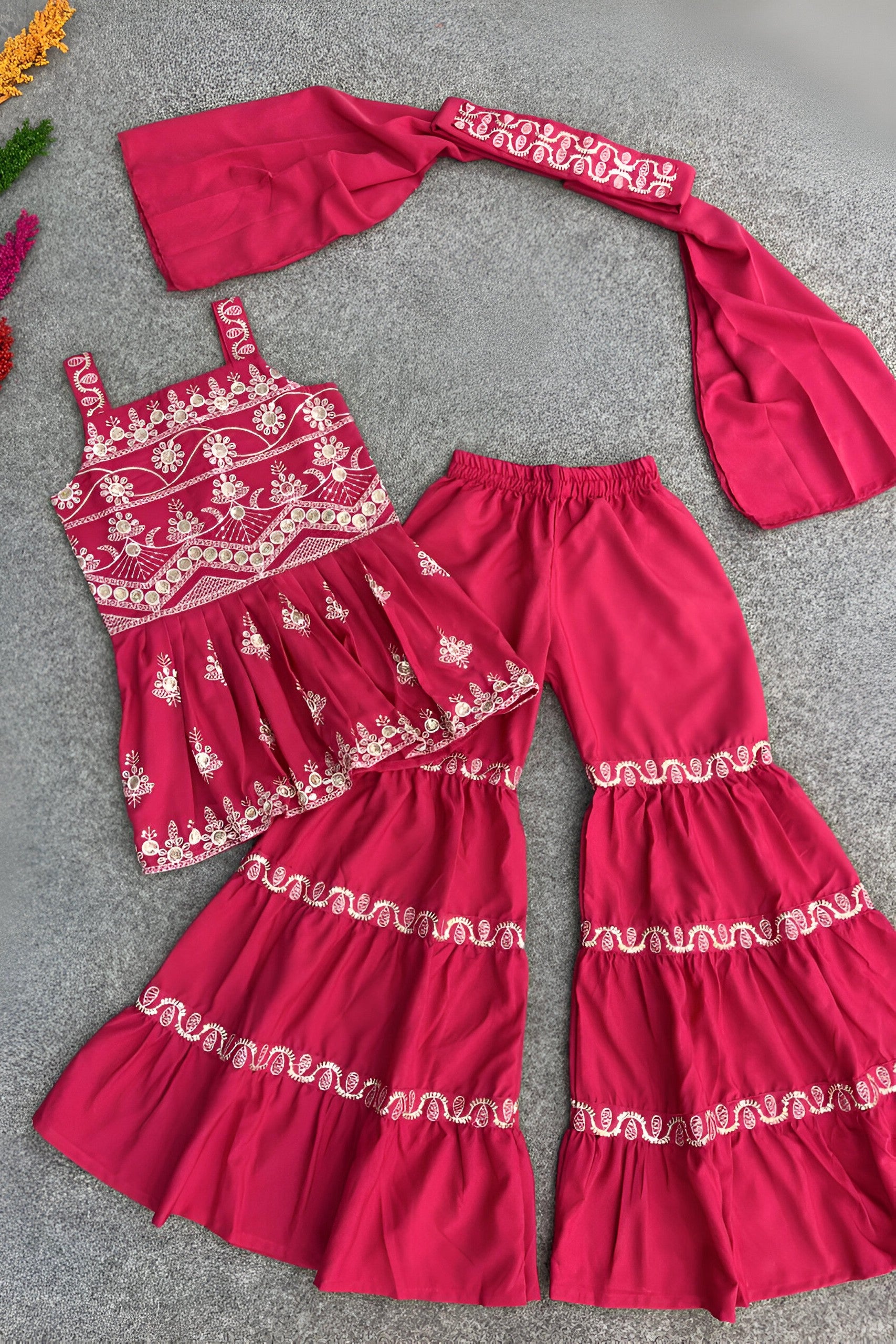 Pink Crepe Silk Kids Wear Girl Kameez with Sharara & Dupatta Dress Suit for Kids for Wedding - Embroidery Work