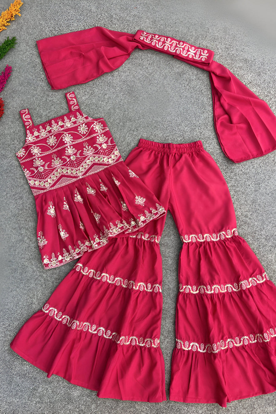 Pink Crepe Silk Kids Wear Girl Kameez with Sharara & Dupatta Dress Suit for Kids for Wedding - Embroidery Work