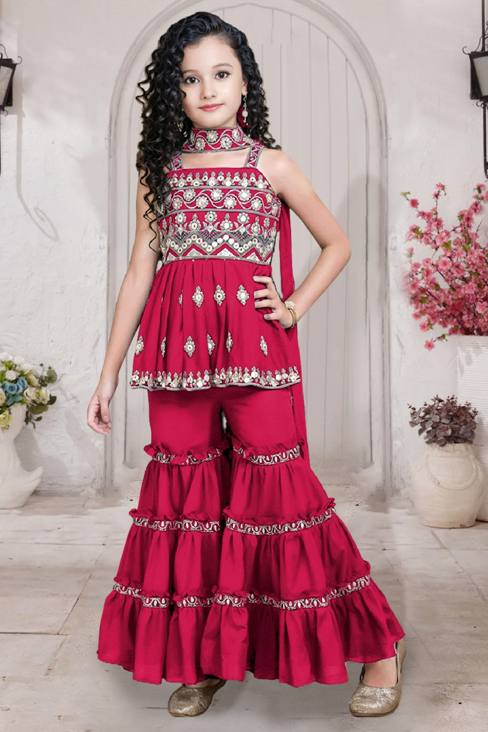 Pink Crepe Silk Kids Wear Girl Kameez with Sharara & Dupatta Dress Suit for Kids for Wedding - Embroidery Work