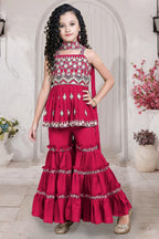 Pink Crepe Silk Kids Wear Girl Kameez with Sharara & Dupatta Dress Suit for Kids for Wedding - Embroidery Work