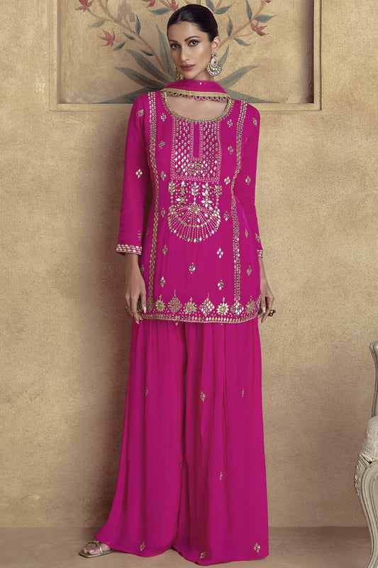 Hot Pink Chinon Silk Palazzo Suit For Wedding & Festival - Embroidery Work