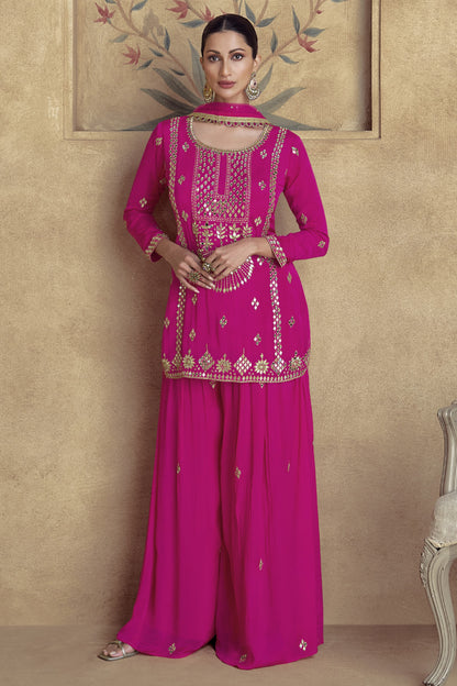 Hot Pink Chinon Silk Palazzo Suit For Wedding & Festival - Embroidery Work