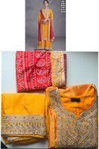 Yellow Chinon Silk Bandhani Style Pattern Palazzo Suit For Indian Festivals & Weddings - Embroidery Work, Mirror Work, Print Work