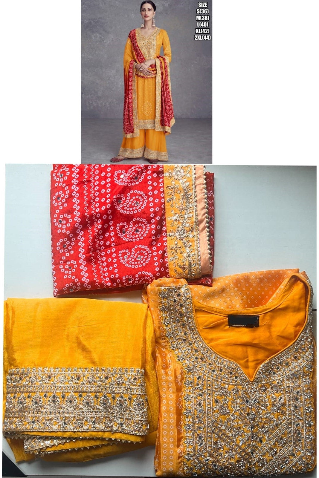 Yellow Chinon Silk Bandhani Style Pattern Palazzo Suit For Indian Festivals & Weddings - Embroidery Work, Mirror Work, Print Work