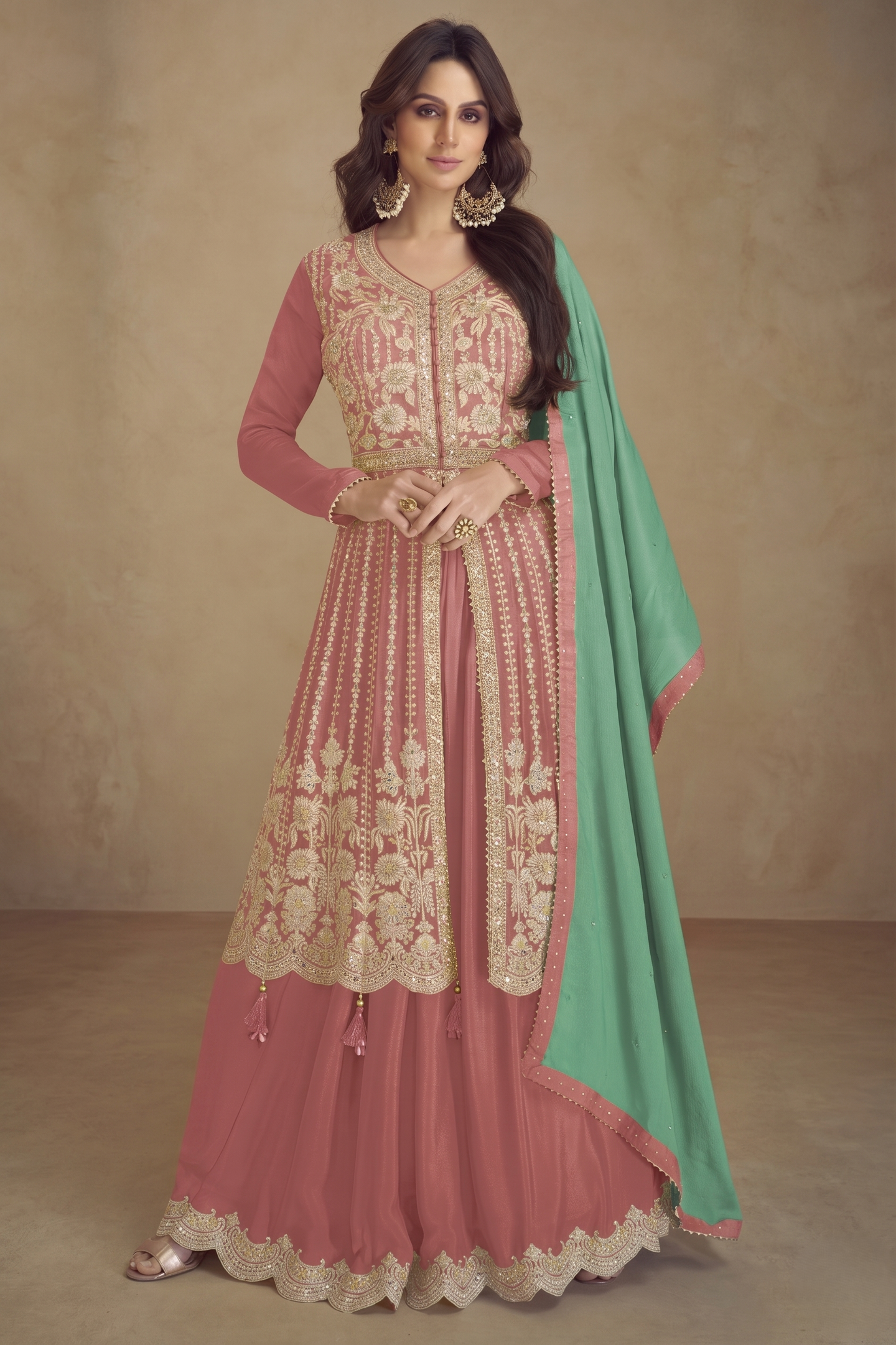 Rose Pink Chinon Silk Palazo for Sangeet with Thread Work