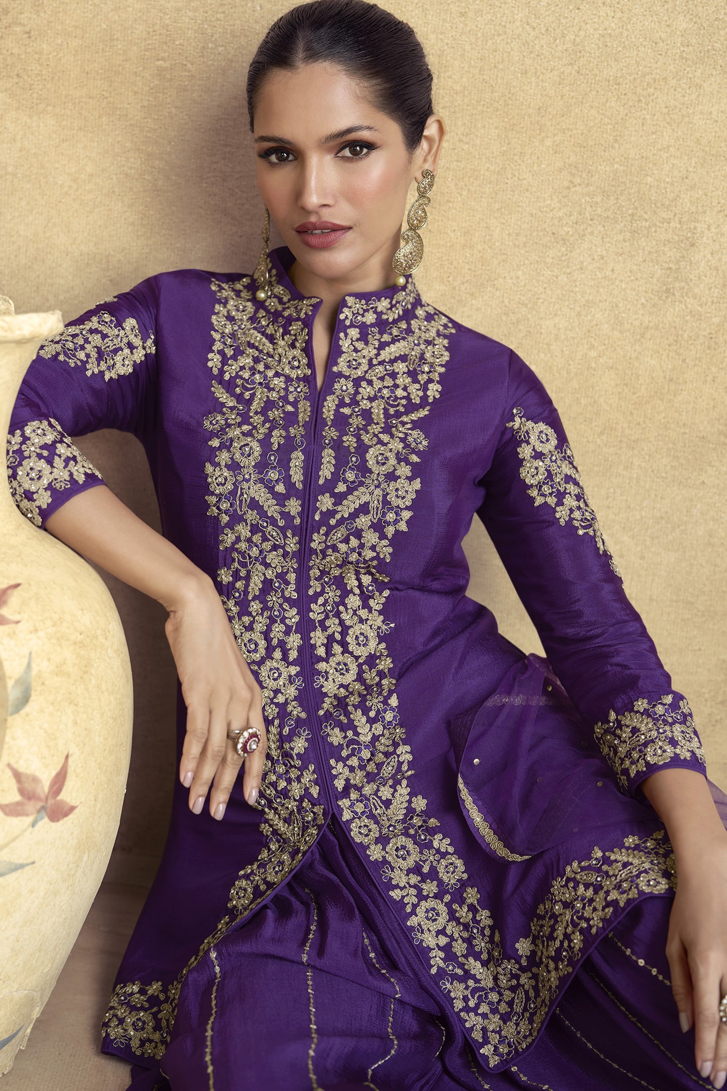 Blue Chinon Silk Palazzo Suit For Wedding & Festival - Embroidery Work