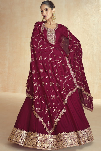 Maroon Chinon Silk Floor Full Length Anarkali Gown For Indian Festivals & Weddings - Embroidery Work