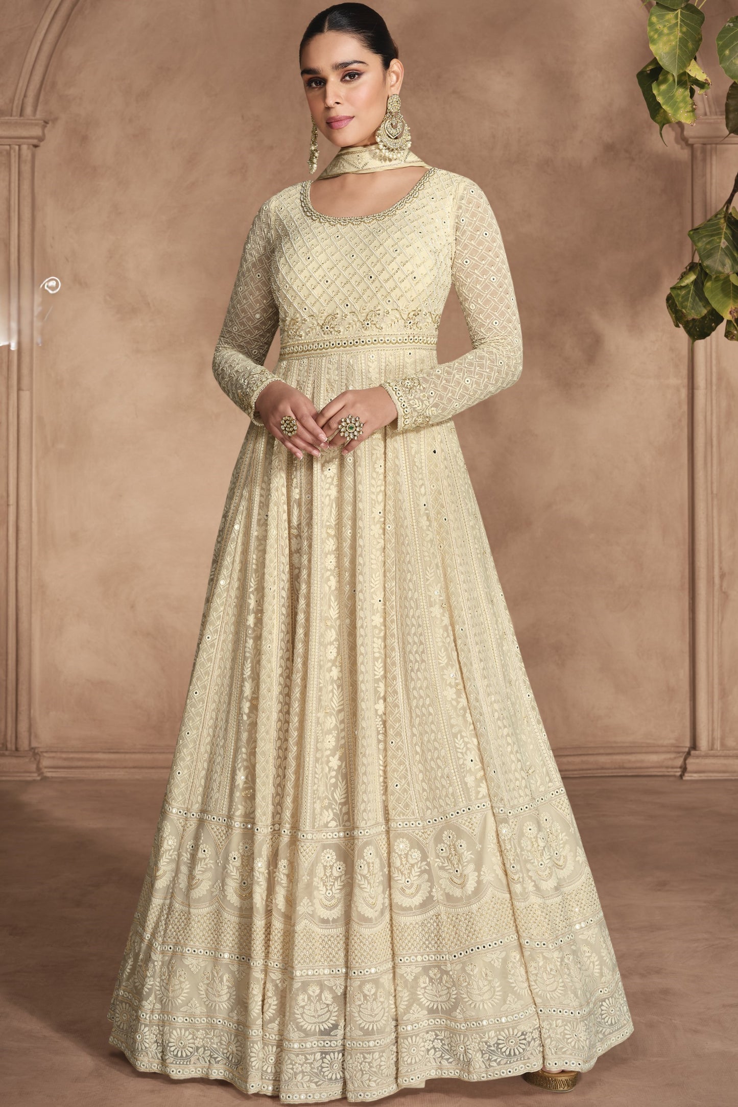 Cream Georgette Floor Full Length Anarkali Suit For Pakistani Festivals & Weddings - Chikankari Embroidery Work