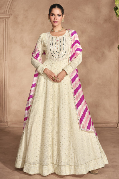 Cream Georgette Floor Full Length Anarkali Suit For Pakistani Festivals & Weddings - Chikankari Embroidery Work