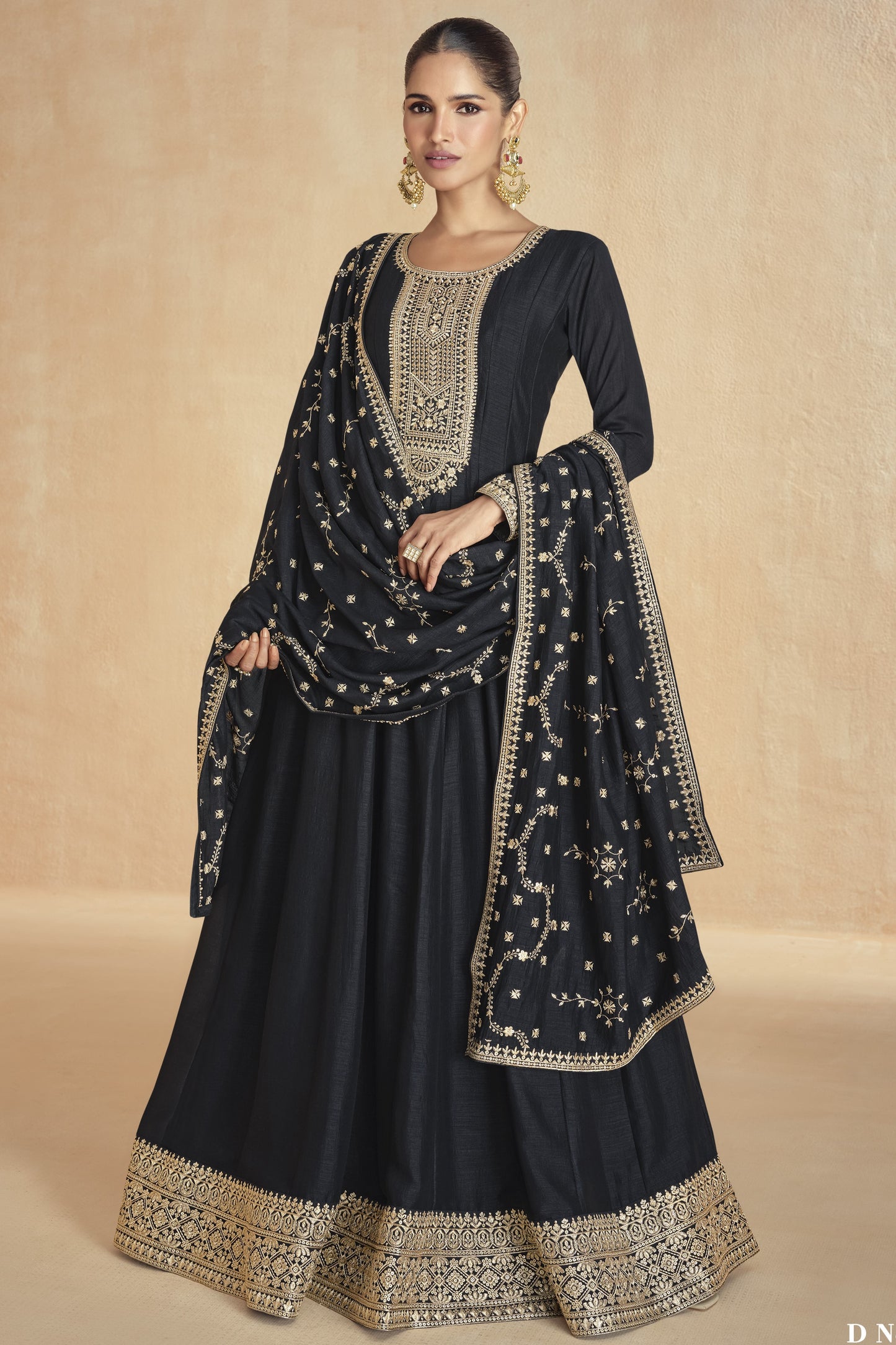 Black Chinon Silk Floor Full Length Anarkali Gown For Indian Festivals & Weddings - Embroidery Work