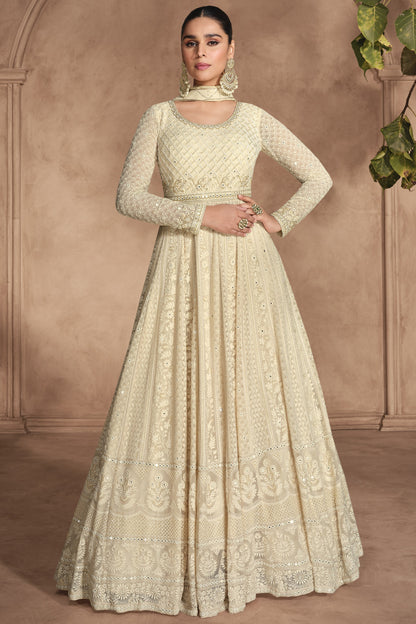 Cream Georgette Floor Full Length Anarkali Suit For Pakistani Festivals & Weddings - Chikankari Embroidery Work