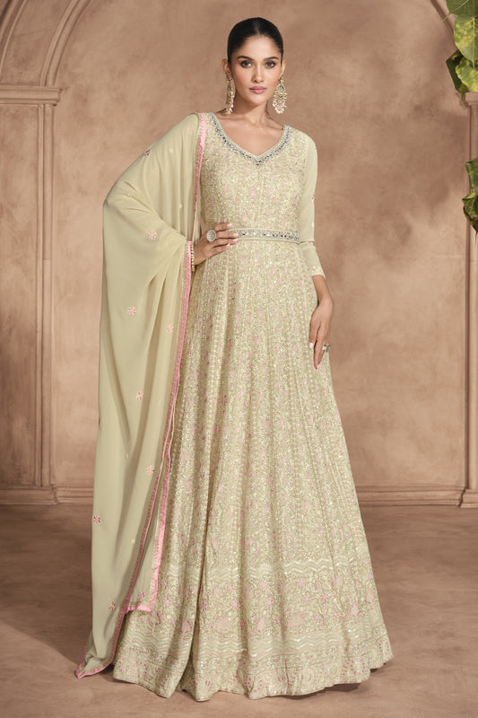 Cream Georgette Full Floor Length Anarkali Suits For Pakistani Festivals & Weddings - Chikankari Embroidery Work