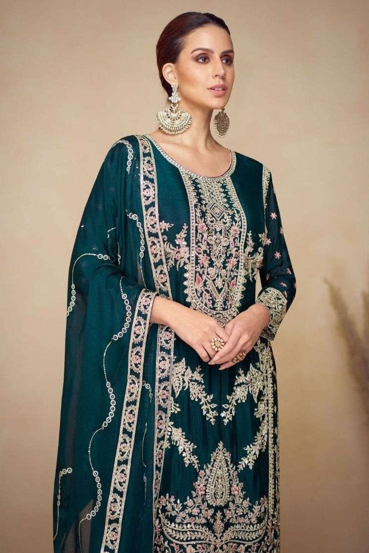 Teal Chinon Silk Plazo Suit For Indian & Pakistani Wedding Festival - Sequins & Thread Embroidery Work, Real Mirror Work