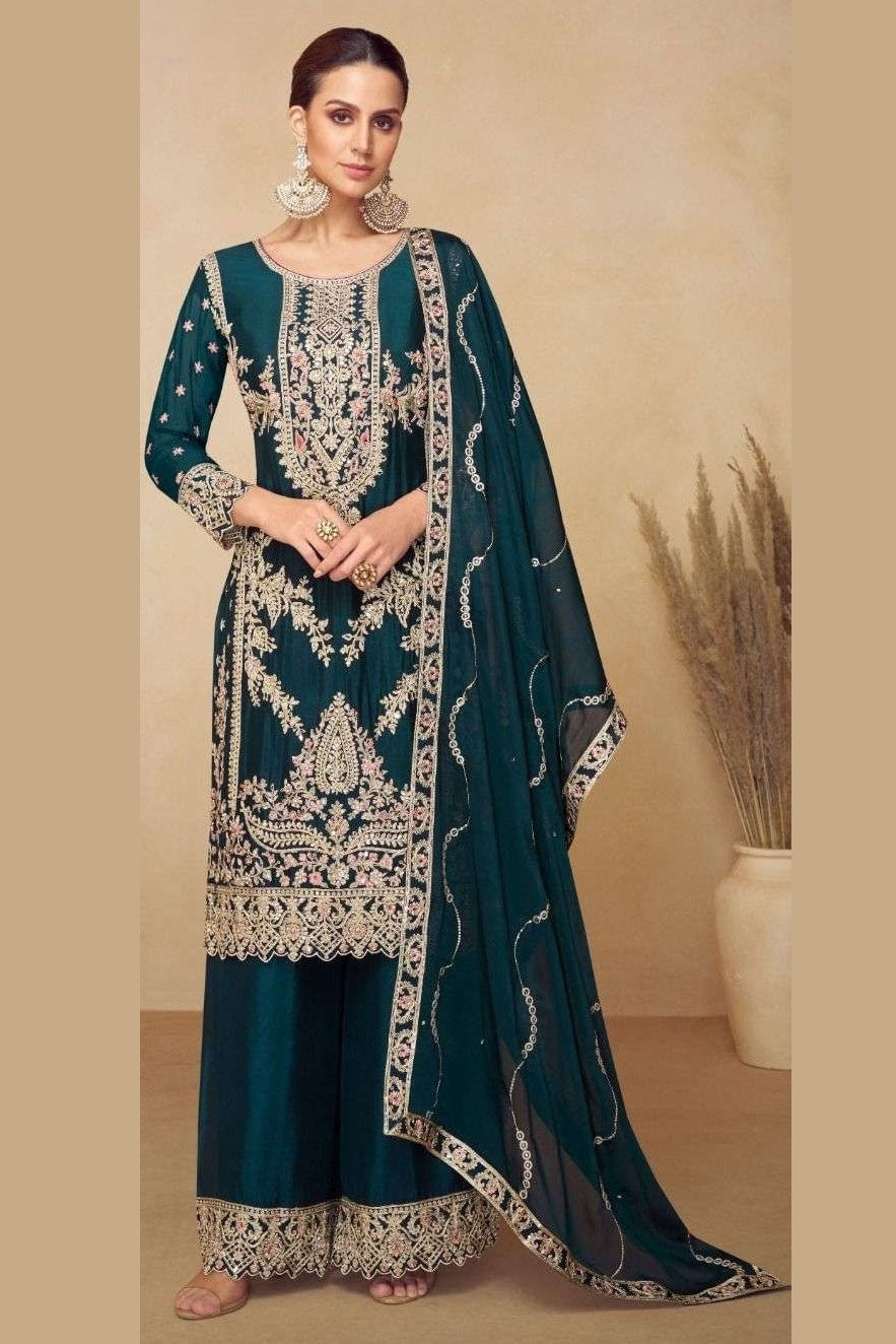 Teal Chinon Silk Plazo Suit For Indian & Pakistani Wedding Festival - Sequins & Thread Embroidery Work, Real Mirror Work