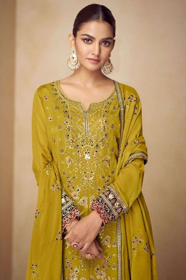 Yellow Chinon Silk Plazo Suit For Indian & Pakistani Wedding Festival - Sequins & Thread Embroidery Work, Real Mirror Work