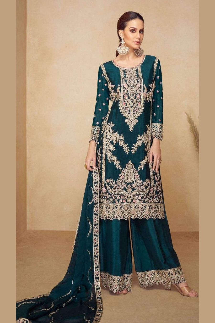 Teal Chinon Silk Plazo Suit For Indian & Pakistani Wedding Festival - Sequins & Thread Embroidery Work, Real Mirror Work
