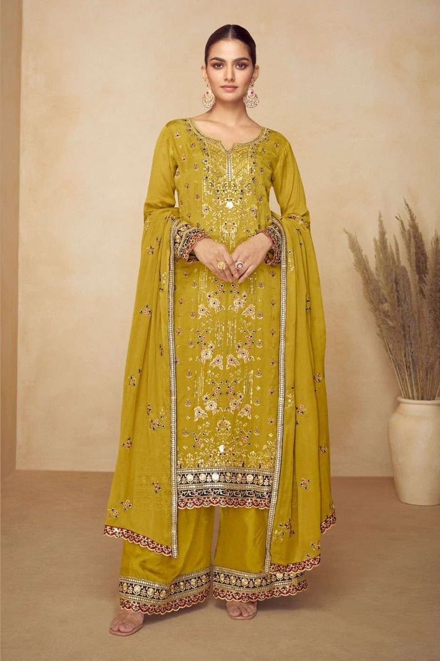 Yellow Chinon Silk Plazo Suit For Indian & Pakistani Wedding Festival - Sequins & Thread Embroidery Work, Real Mirror Work