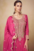 Pink Chinon Silk Plazo Suit For Indian & Pakistani Wedding Festival - Sequins & Thread Embroidery Work, Real Mirror Work