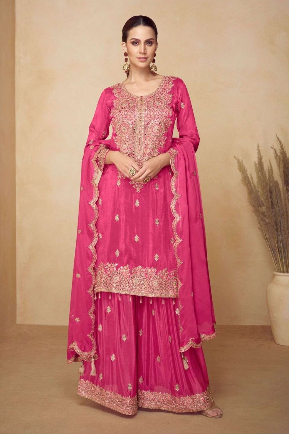 Pink Chinon Silk Plazo Suit For Indian & Pakistani Wedding Festival - Sequins & Thread Embroidery Work, Real Mirror Work