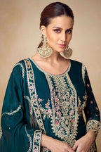 Teal Chinon Silk Plazo Suit For Indian & Pakistani Wedding Festival - Sequins & Thread Embroidery Work, Real Mirror Work