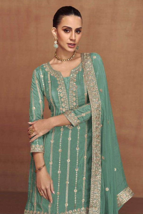 Teal Shimmer Silk Plazo Suit For Indian & Pakistani Wedding Festival - Embroidery Work
