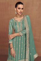 Teal Shimmer Silk Plazo Suit For Indian & Pakistani Wedding Festival - Embroidery Work