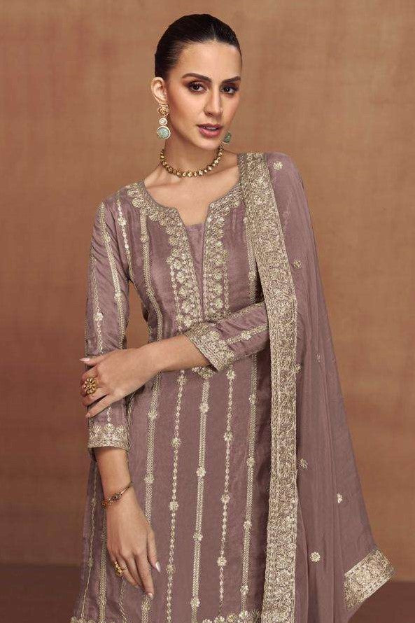 Brown Shimmer Silk Plazo Suit For Indian & Pakistani Wedding Festival - Embroidery Work