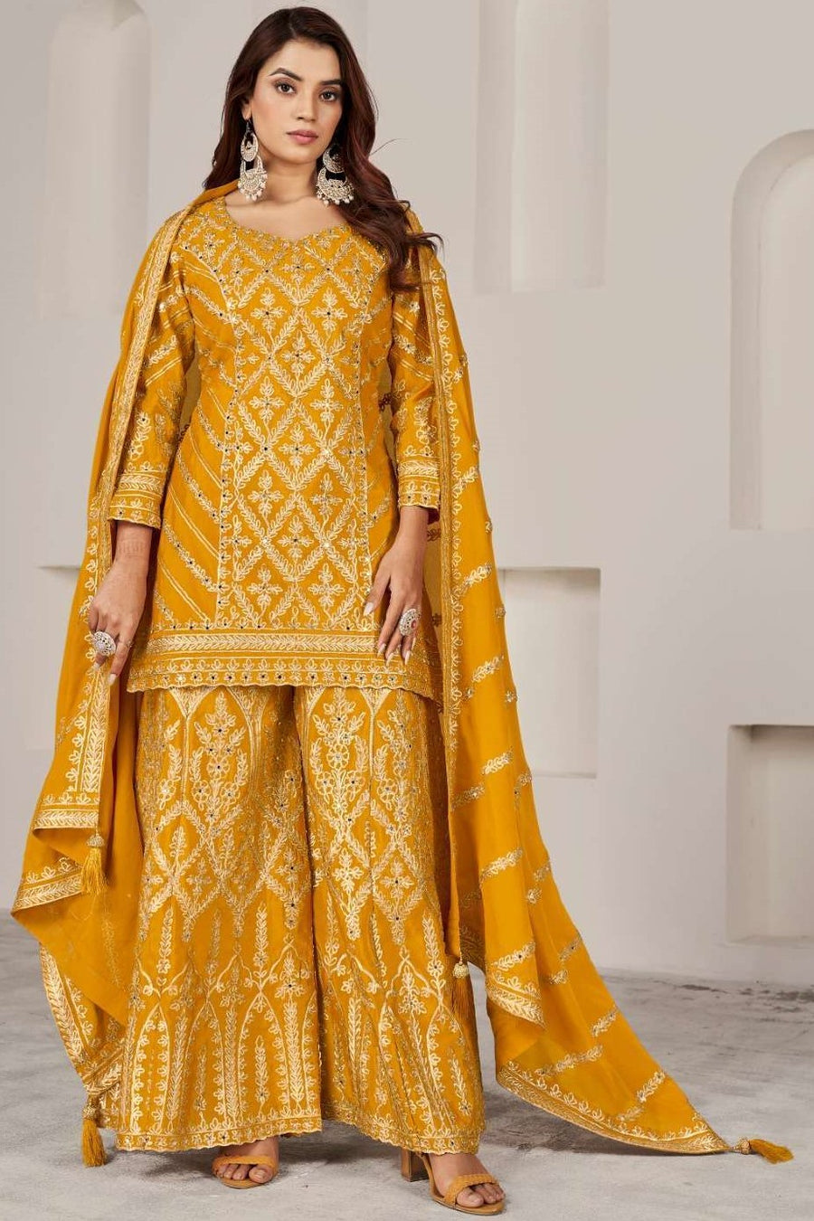 Yellow Chinon Silk Plazo Suit For Indian Weddings & Pakitani Festival - Embroidery Work, Mirror Work