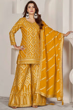 Yellow Chinon Silk Plazo Suit For Indian Weddings & Pakitani Festival - Embroidery Work, Mirror Work