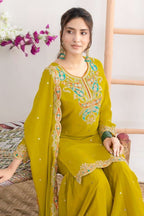 Yellow Chinon Silk Sharara Suit For Indian & Pakistani Wedding Festival - Sequins & Thread Embroidery Work, Dori Work