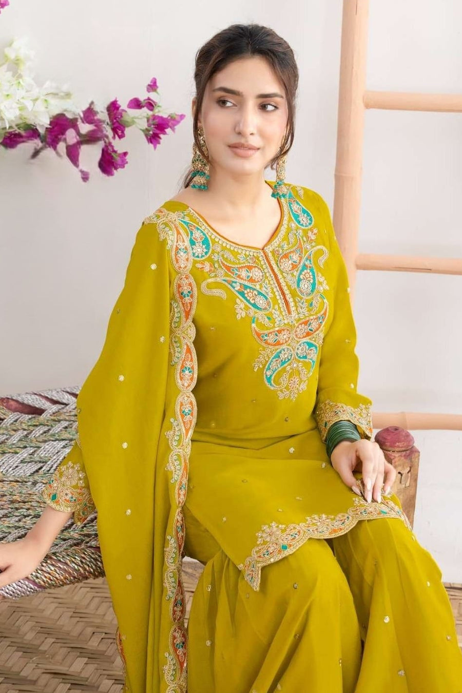 Yellow Chinon Silk Sharara Suit For Indian & Pakistani Wedding Festival - Sequins & Thread Embroidery Work, Dori Work