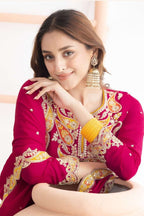 Pink Chinon Silk Sharara Suit For Indian & Pakistani Wedding Festival - Sequins & Thread Embroidery Work, Dori Work