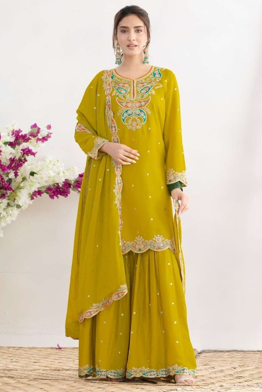 Yellow Chinon Silk Sharara Suit For Indian & Pakistani Wedding Festival - Sequins & Thread Embroidery Work, Dori Work
