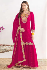 Reddish Pink Chinon Silk Sharara Suit For Indian & Pakistani Wedding Festival - Sequins & Thread Embroidery Work, Dori Work