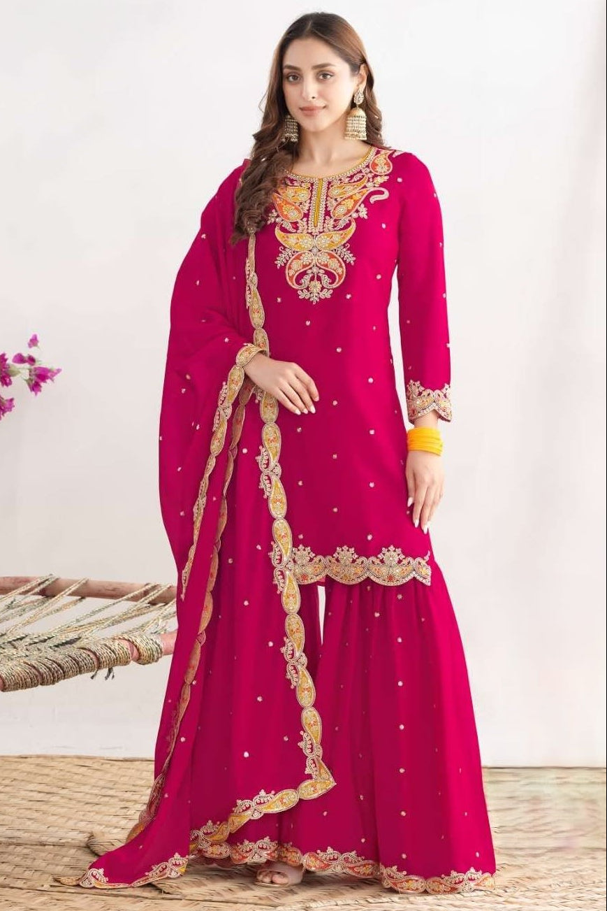 Pink Chinon Silk Sharara Suit For Indian & Pakistani Wedding Festival - Sequins & Thread Embroidery Work, Dori Work