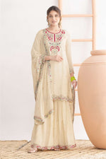 Cream Chinon Silk Sharara Suit For Indian & Pakistani Wedding Festival - Sequins & Thread Embroidery Work, Dori Work