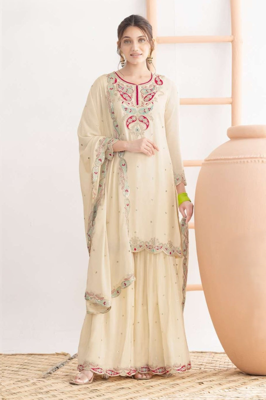 White Chinon Silk Sharara Suit For Indian & Pakistani Wedding Festival - Sequins & Thread Embroidery Work, Dori Work