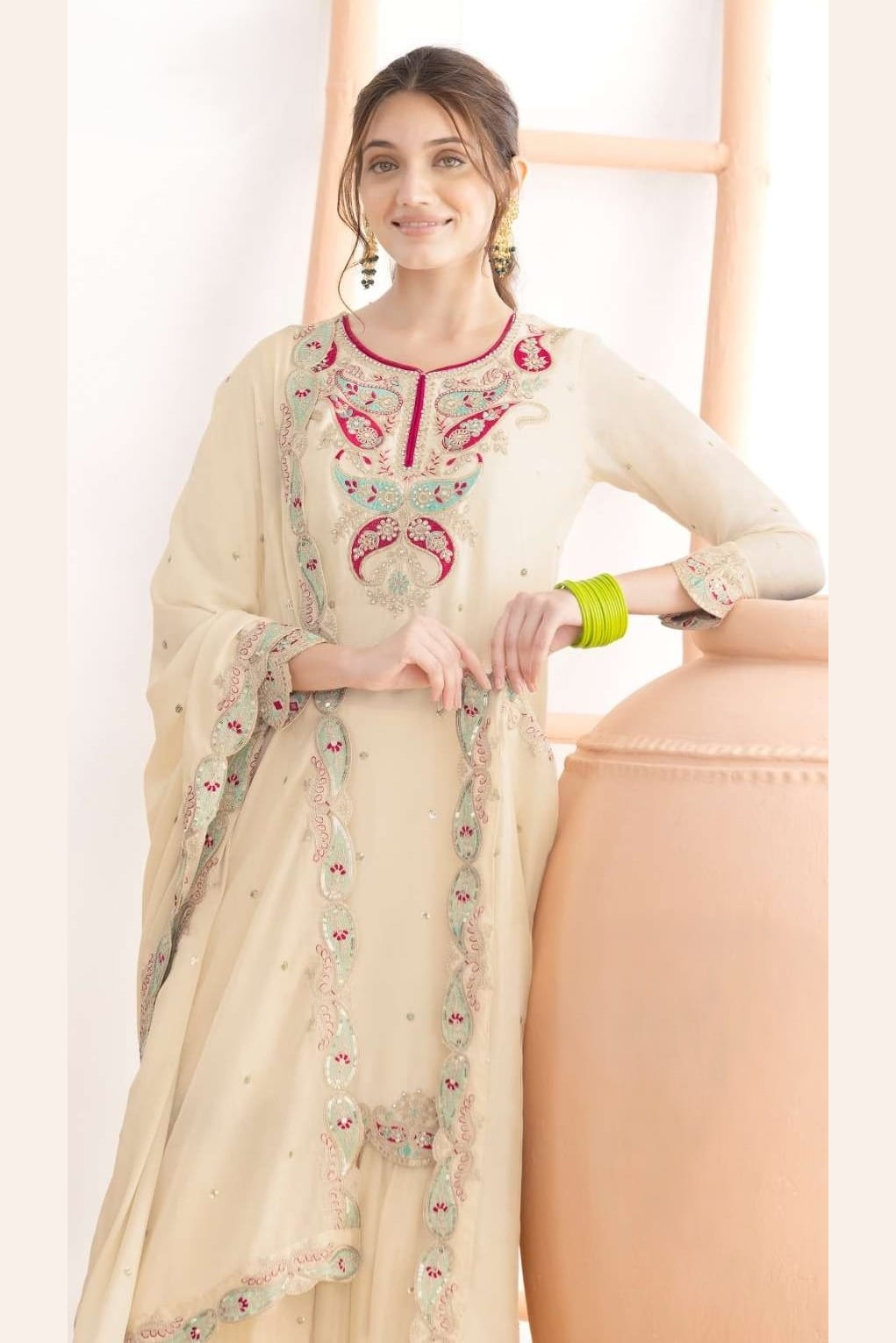 White Chinon Silk Sharara Suit For Indian & Pakistani Wedding Festival - Sequins & Thread Embroidery Work, Dori Work