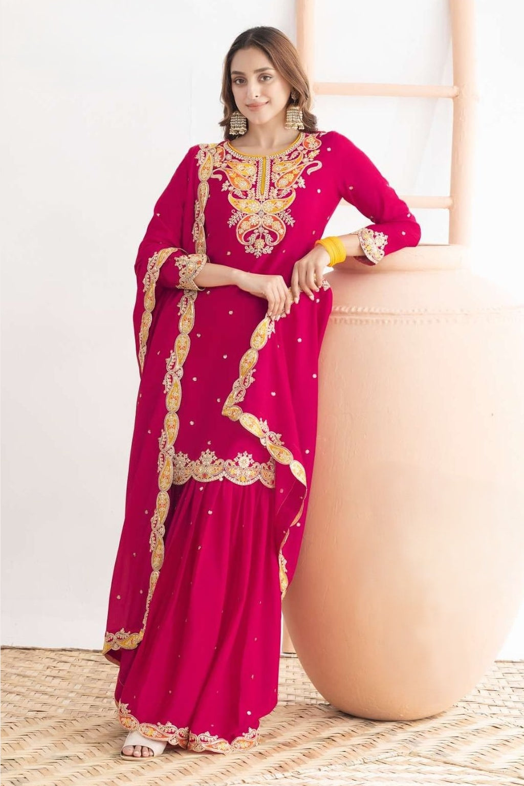 Pink Chinon Silk Sharara Suit For Indian & Pakistani Wedding Festival - Sequins & Thread Embroidery Work, Dori Work