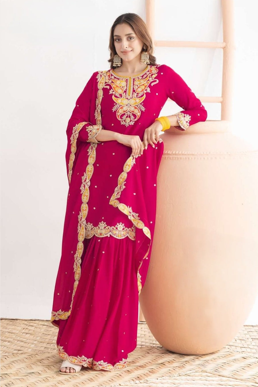 Pink Chinon Silk Sharara Suit For Indian & Pakistani Wedding Festival - Sequins & Thread Embroidery Work, Dori Work