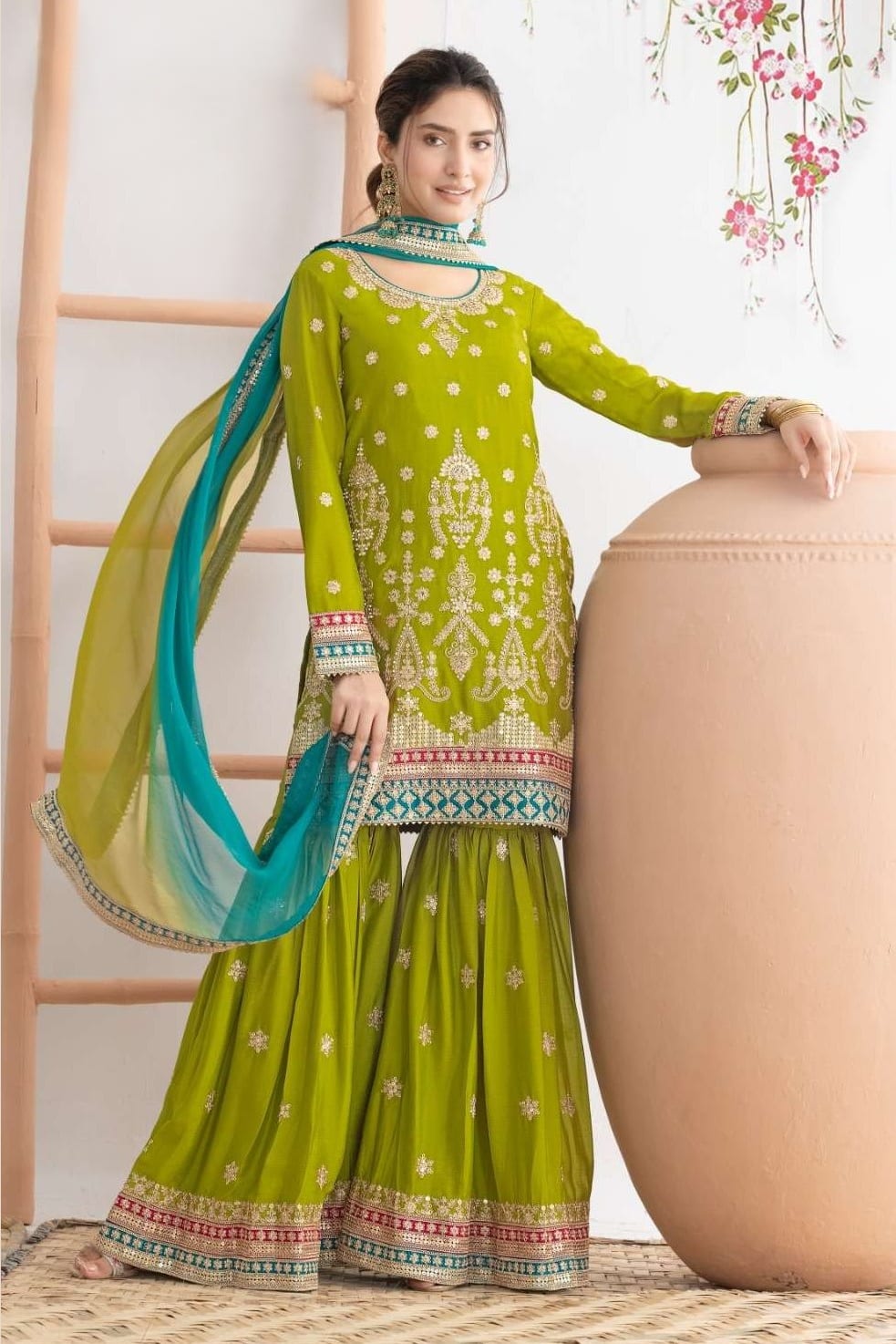 Green Chinon Silk Sharara Suit For Indian & Pakistani Wedding Festival - Sequins & Thread Embroidery Work, Dori Work