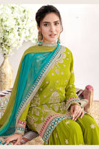 Green Chinon Silk Sharara Suit For Indian & Pakistani Wedding Festival - Sequins & Thread Embroidery Work, Dori Work