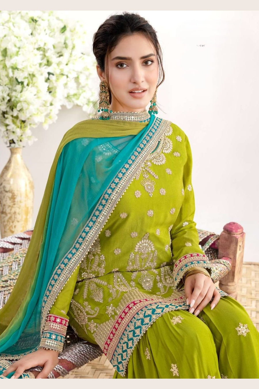 Green Chinon Silk Sharara Suit For Indian & Pakistani Wedding Festival - Sequins & Thread Embroidery Work, Dori Work