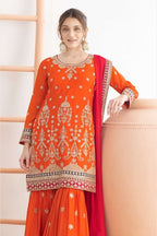 Orange Chinon Silk Sharara Suit For Indian & Pakistani Wedding Festival - Sequins & Thread Embroidery Work, Dori Work